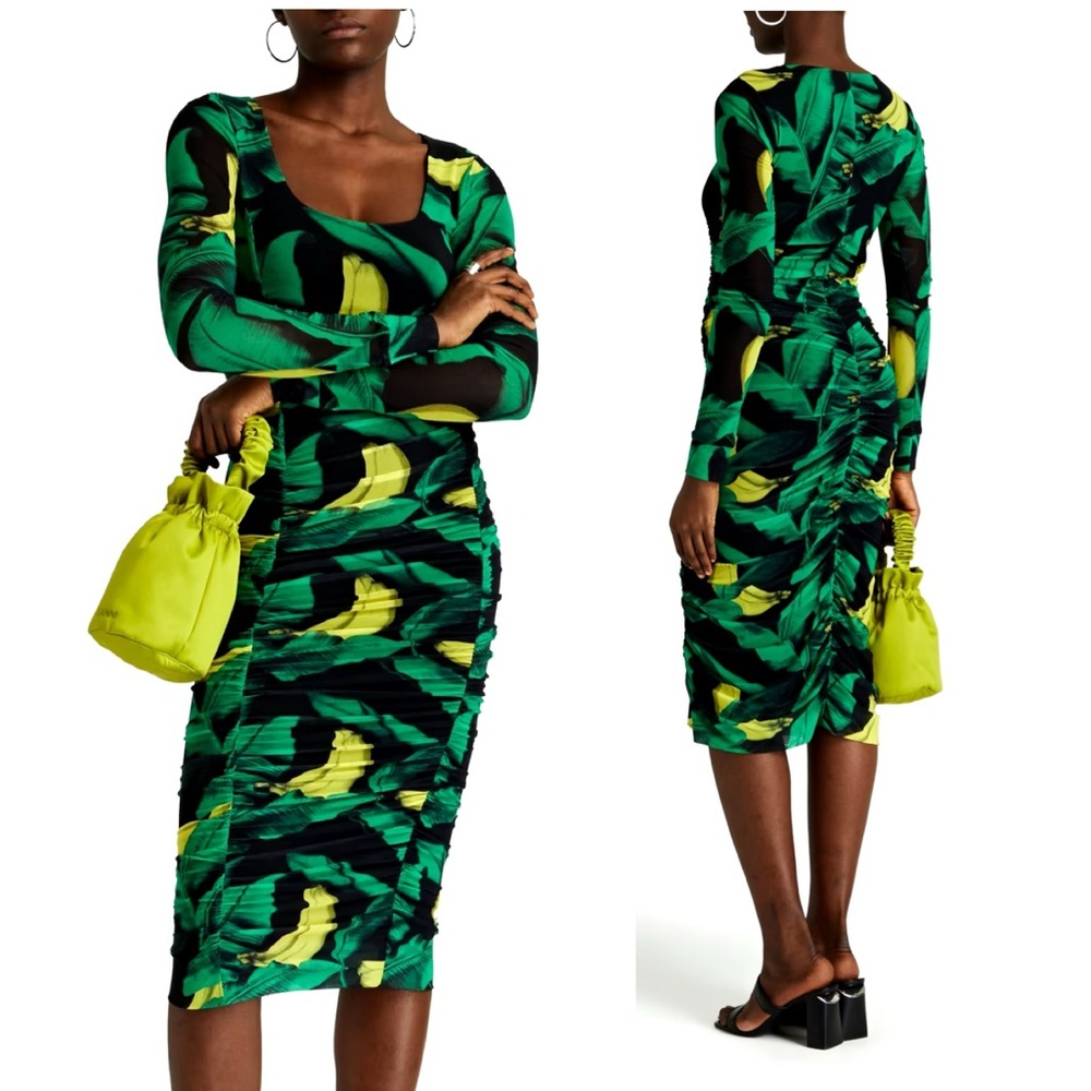 GANNI Ruched Gathered Panel printed stretch-mesh midi dress $375 EU 36/US 4